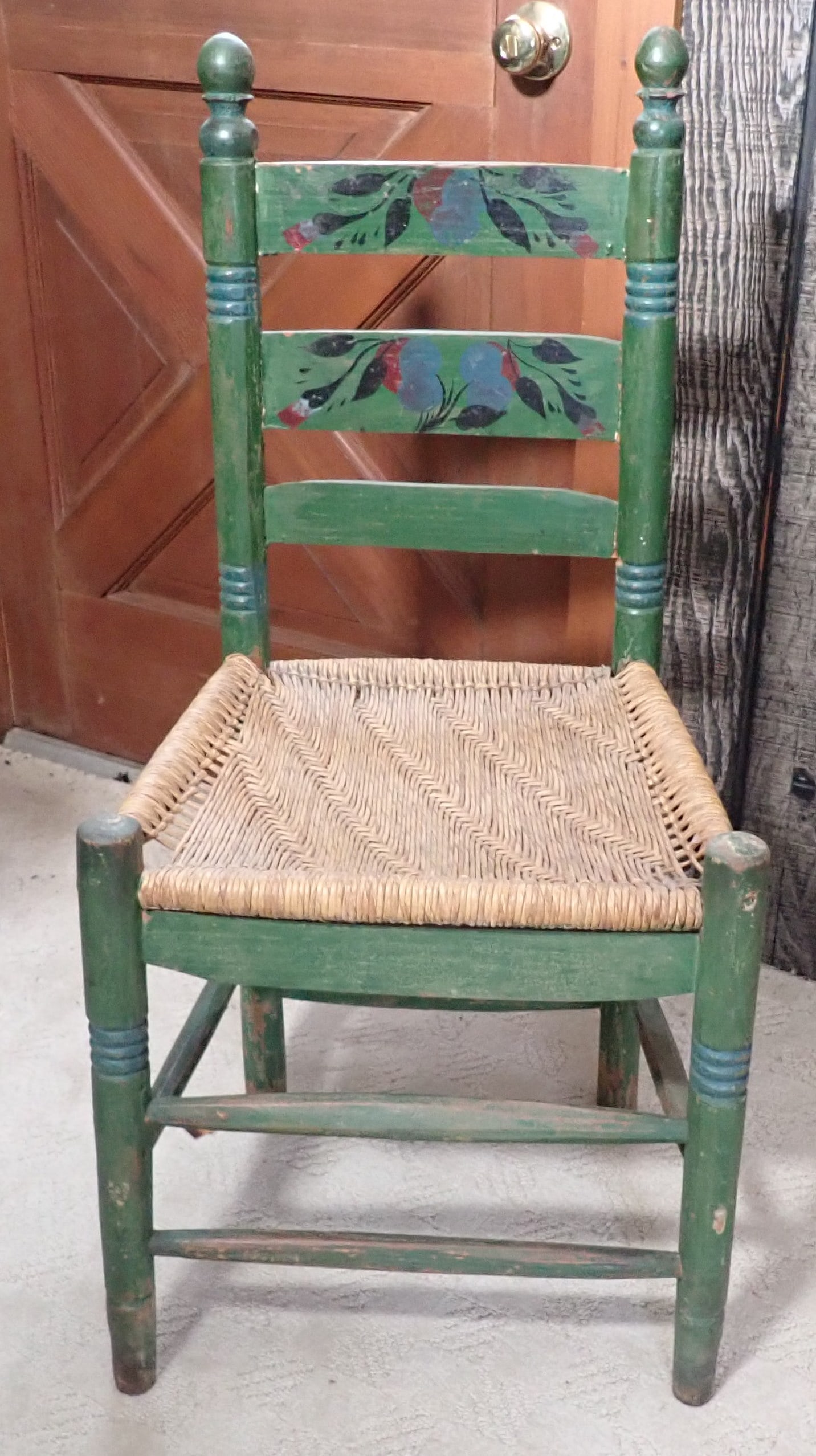 Paint Decorated Ladderback Chair in Green Paint: Apprx 17 3/4" wide, 17 1/4" to seat, 13 1/2" deep, 36" tall. No in house shipping !