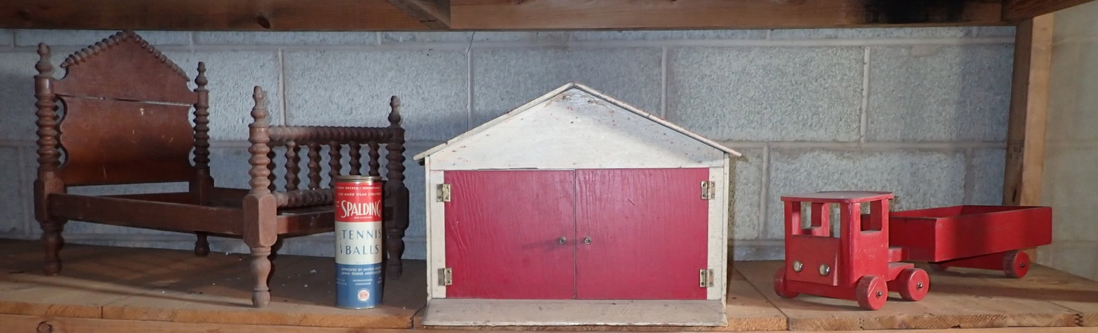 Wooden Garage Tractor Trailer Doll Bed & Spalding Tin: Garage is apprx 17 1/8" x 24 1/8" x 13 1/2" tall. NO in house shipping !