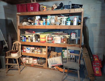 Shelf Contents incl Stove Pipe , Paints , & Misc