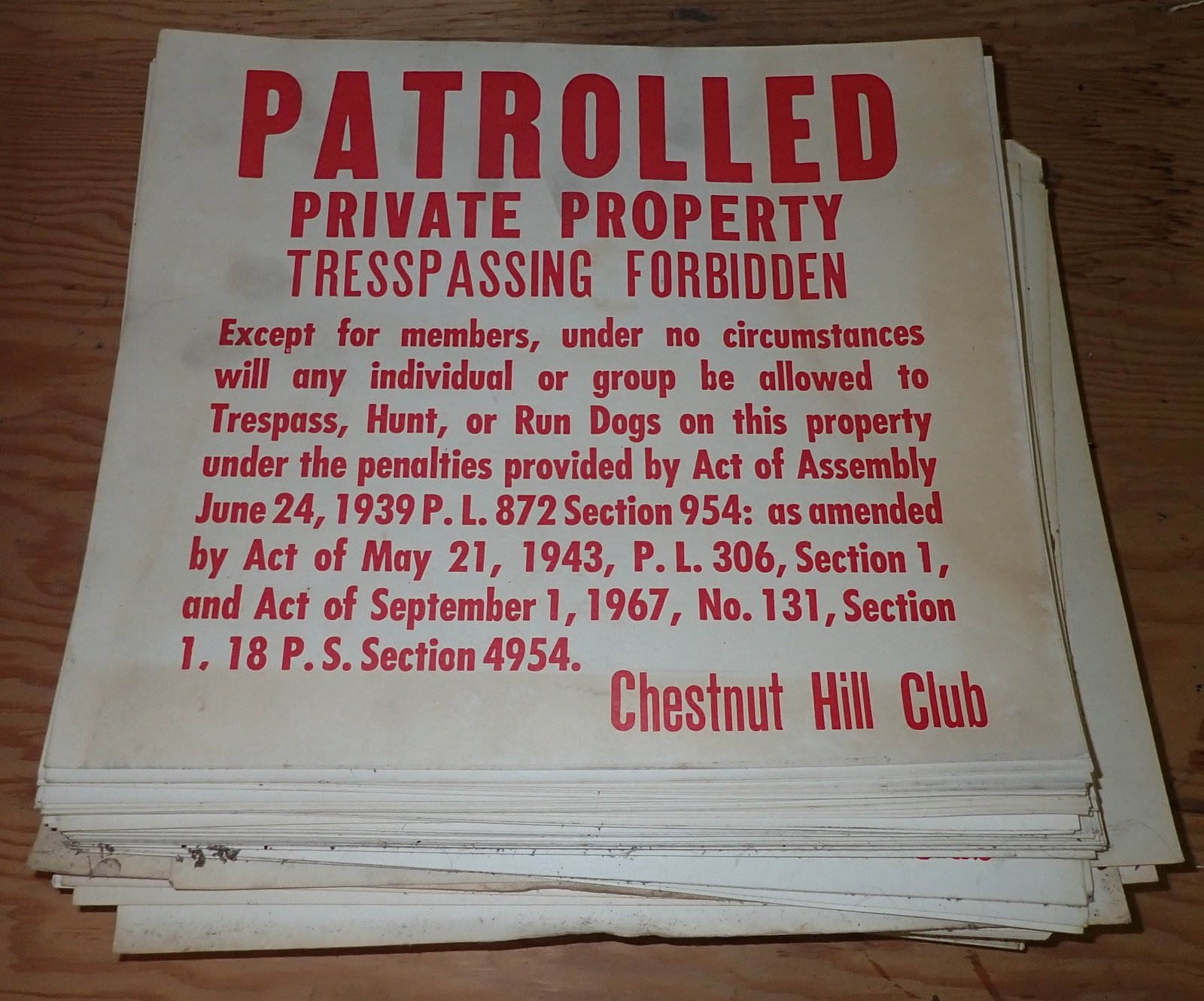 1967 Chestnut Hill Gun Club Posted Signs: Shipping available