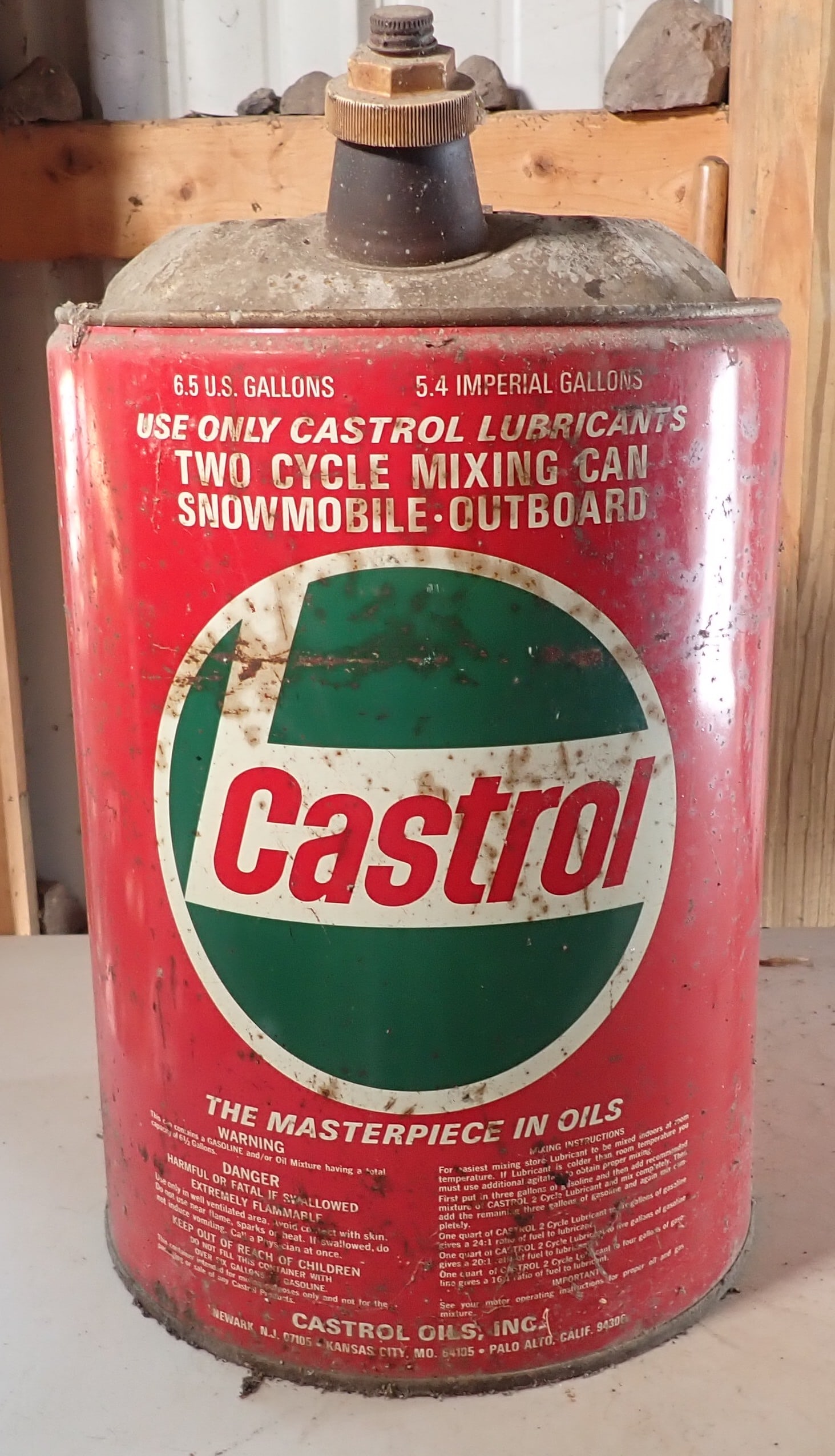 6 1/2 Gallon Castrol 2 Cycle Oil Can: Apprx 11" in diameter and 19 1/4" tall. Shipping available