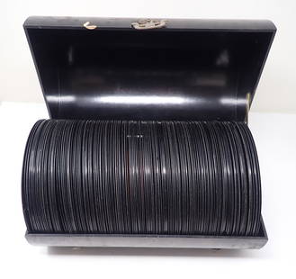 45 Records & Bakelite Case: Case is apprx 7 3/8" in diameter and 12" long. Shipping available