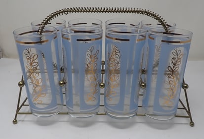 8 Mid Century Modern Drinking Glasses & Carrier
