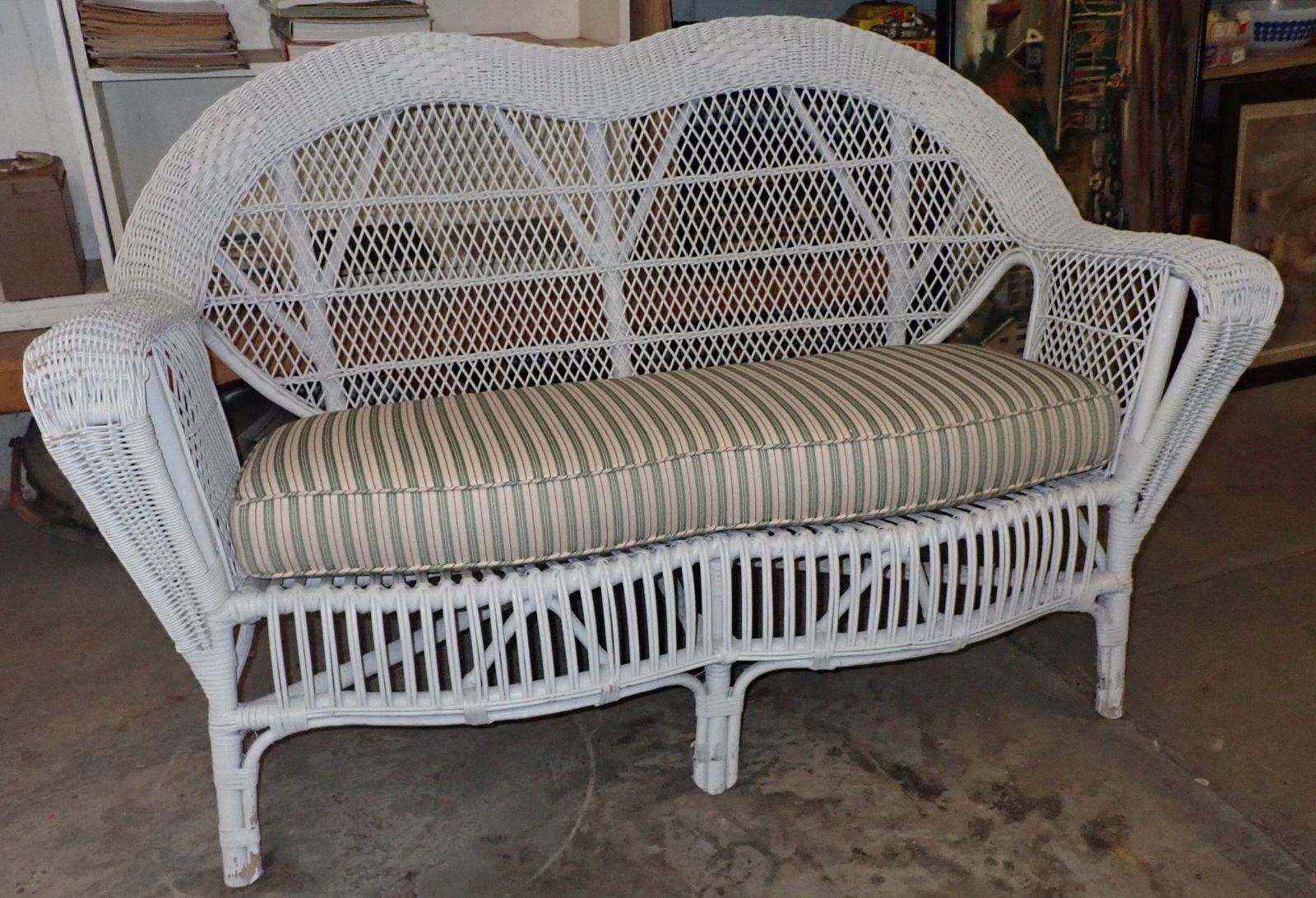 Wicker Settee: Apprx 56" long, 19" to seat, 20" deep, 34 1/2" tall. No in house shipping !