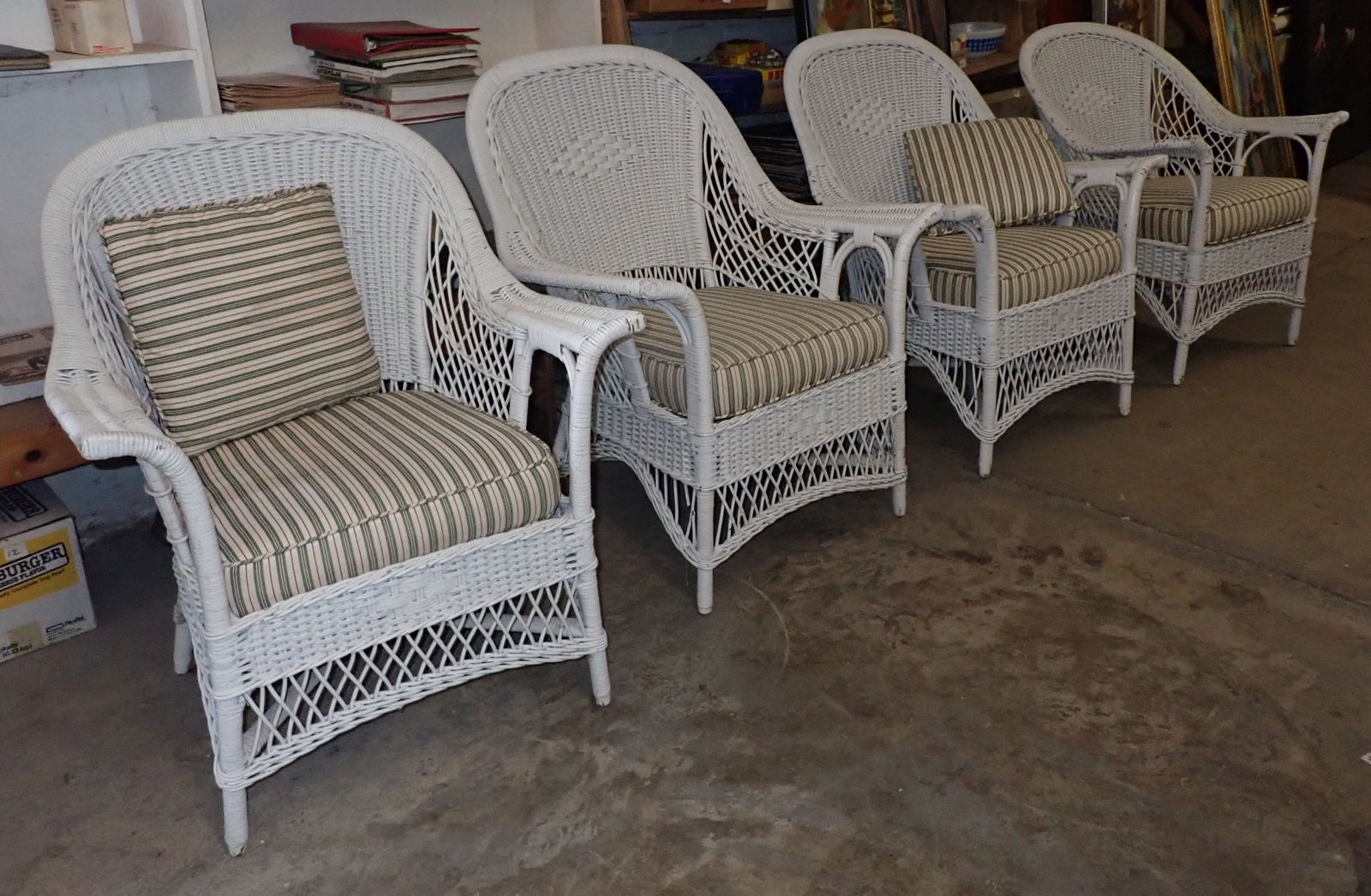 4 Wicker Chairs: Approx 28" wide, 19" to seat, 21" deep, 33 3/4" tall. No in house shipping !
