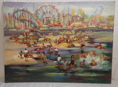 John Reilly Coney Island Oil on Board Painting