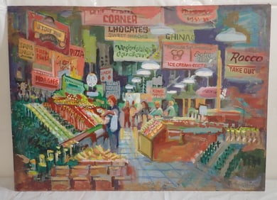 John Reilly Farm Market Oil on Board Painting