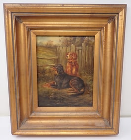 Dogs Signed Oil on Canvas Painting in Deep Gilt Frame