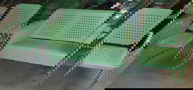 Bunting Metal Porch Glider & 2 Rockers: Glider is apprx 50" long, 16 1/2" to seat, 19" deep, 32 3/4" tall. No in house shipping ! Bring help to remove