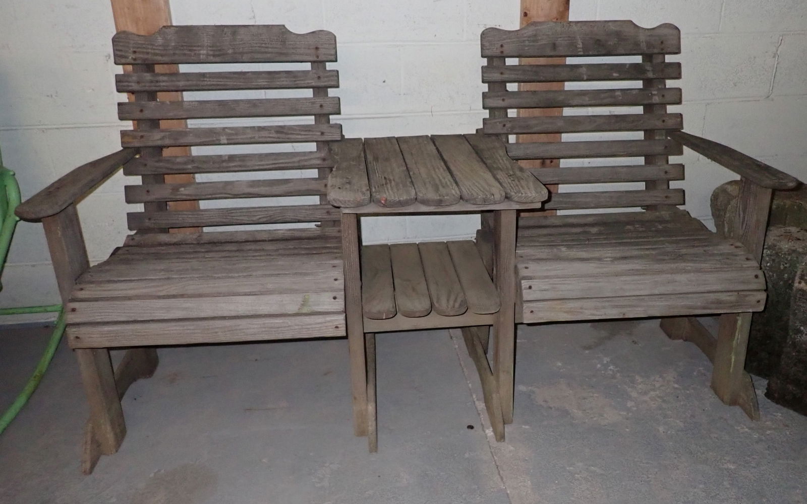 Wooden Patio Chair / Table: Apprx 63 3/4" long, 17" to seat, 17 1/2 deep, and 35 3/4" tall. No in house shipping ! Bring help to remove !