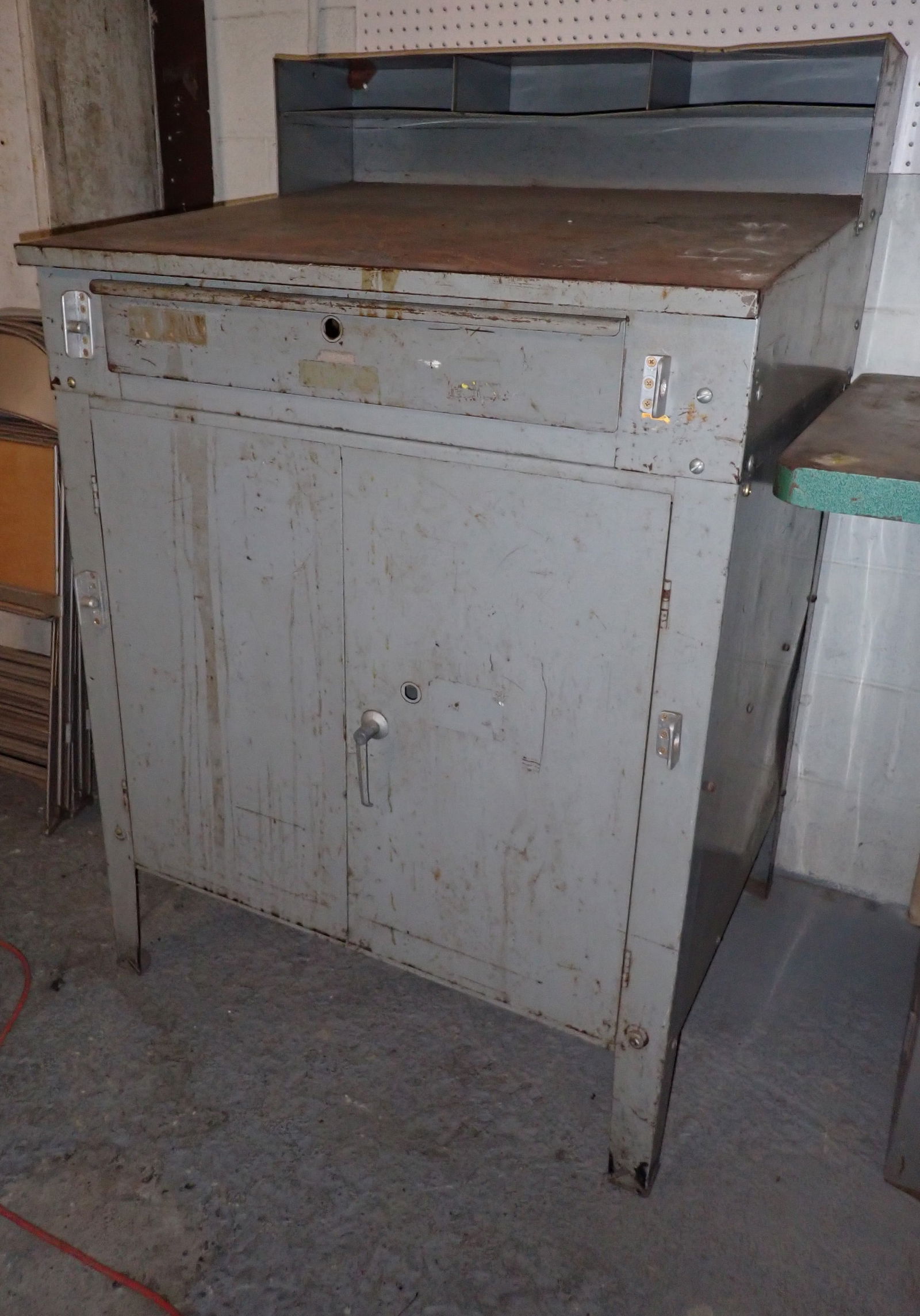 Industrial Desk / Cabinet: Apprx 34 1/2" x 30 1/4" x 53 1/2" tall. No in house shipping ! Bring help to remove !