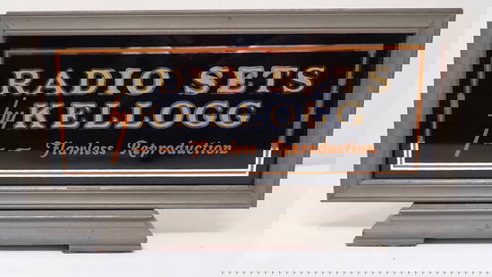 Radio Sets by Kellog Mirrored Sign: Store Counter Top Display Sign - Approx 12 1/2" x 6 5/8". Shipping available