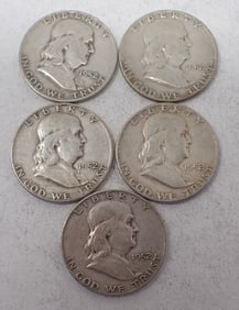 (5)1952 Benjamin Franklin Silver Halves