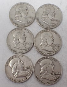 1953 1954 1958 Benjamin Franklin Silver Half Dollars