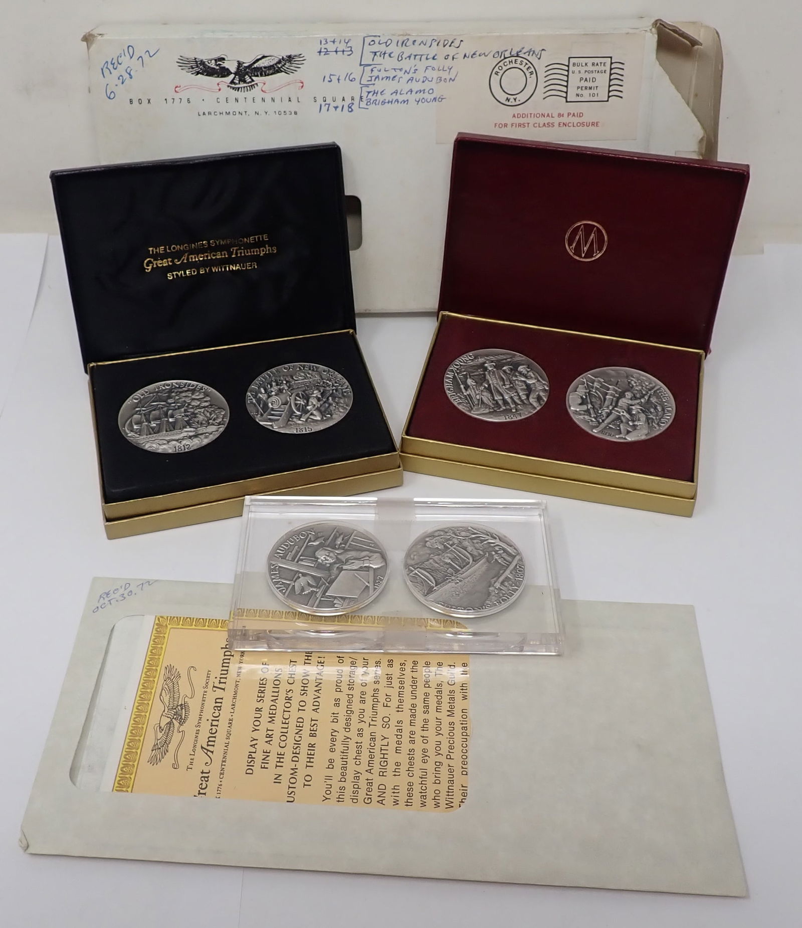 Longines Symphonette Great American Triumphs Silver Medals: Wittnauer .999 Silver Medals including James Audubon, Fulton's Folly, Old Iron Slides, The Battle of New Orleans, Brigham Young, and The Alamo. Shipping available