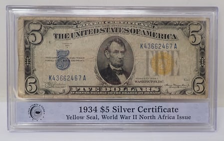 1934 A $5 Yellow Seal North Africa Silver Certificate