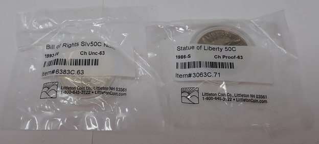 1986S Statue of Liberty 1993W Bill of Rights 50 Cent Pcs