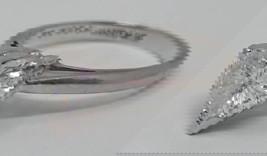 Heart cut Diamond Solitaire Ring: Platinum setting containing a heart cut diamond, approx. 1.25 ct, SI1 clarity, H-I color, ring size 6, 2.55 dwt.