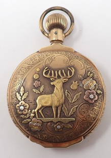 Elgin Gold Cased Pocket Watch: 14K yellow gold hunting case with tri-gold decorations including stag and flowers, ROY case #302207, dent on dust cover, movement # 2700982 B.W. Raymond, size 18, 15 jewels.
