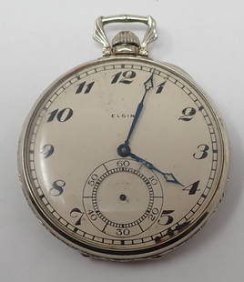 Elgin Gold Cased Pocket Watch: 14K white gold open face Keystone case with back engraved initials of PET, movement # 30037732, 17 jewels, size 12. Second hand disconnected.