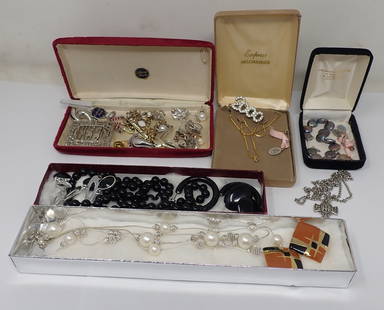Grouping of Costume Jewelry: Includes an Anne Klein silver-tone and faux pearl necklace; dyed pearl bracelet; gold-tone necklace; black glass/plastic necklace and earrings; "2000" rhinestone pin; various rosarie charms; rhineston