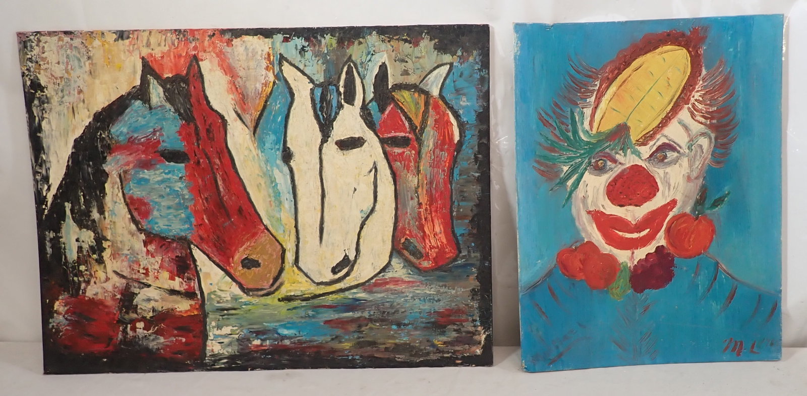 Horses & Clown Oil on Board Paintings: Largest is apprx 18" x 24". Shipping available