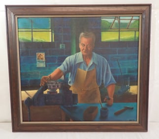 1975 Doug Allcock Valve Assembler Oil on Canvas Painting