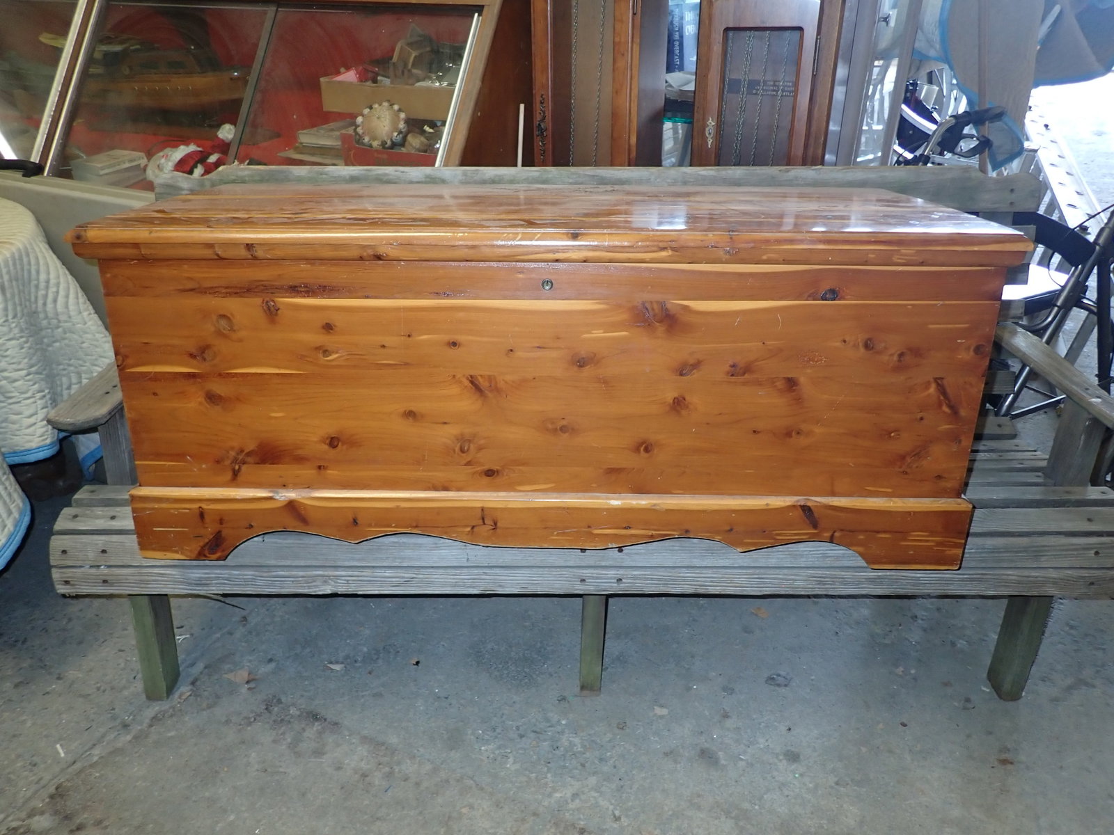 Cedar Chest & Clothing: Apprx 19 3/4" x 45 1/2" x 18 1/2" tall. No in house shipping ! Bring help to remove. Must take all.