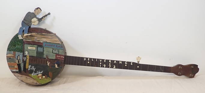 Autographed Billy Reddon 1972 Deliverance Banjo: Autographed folk art banjo by Billy Reddon. Signed JSE 2023. Apprx 11" x 36 1/2". Shipping available ($35 handling charge, plus postage)