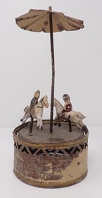 German Tin Windup Horse & Riders Carousel