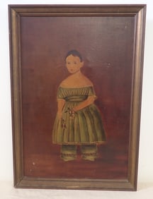 Folk Art Little Girl Oil on Canvas Signed David