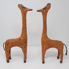 1992 B.M. Wood Carved Outsider Art Giraffes