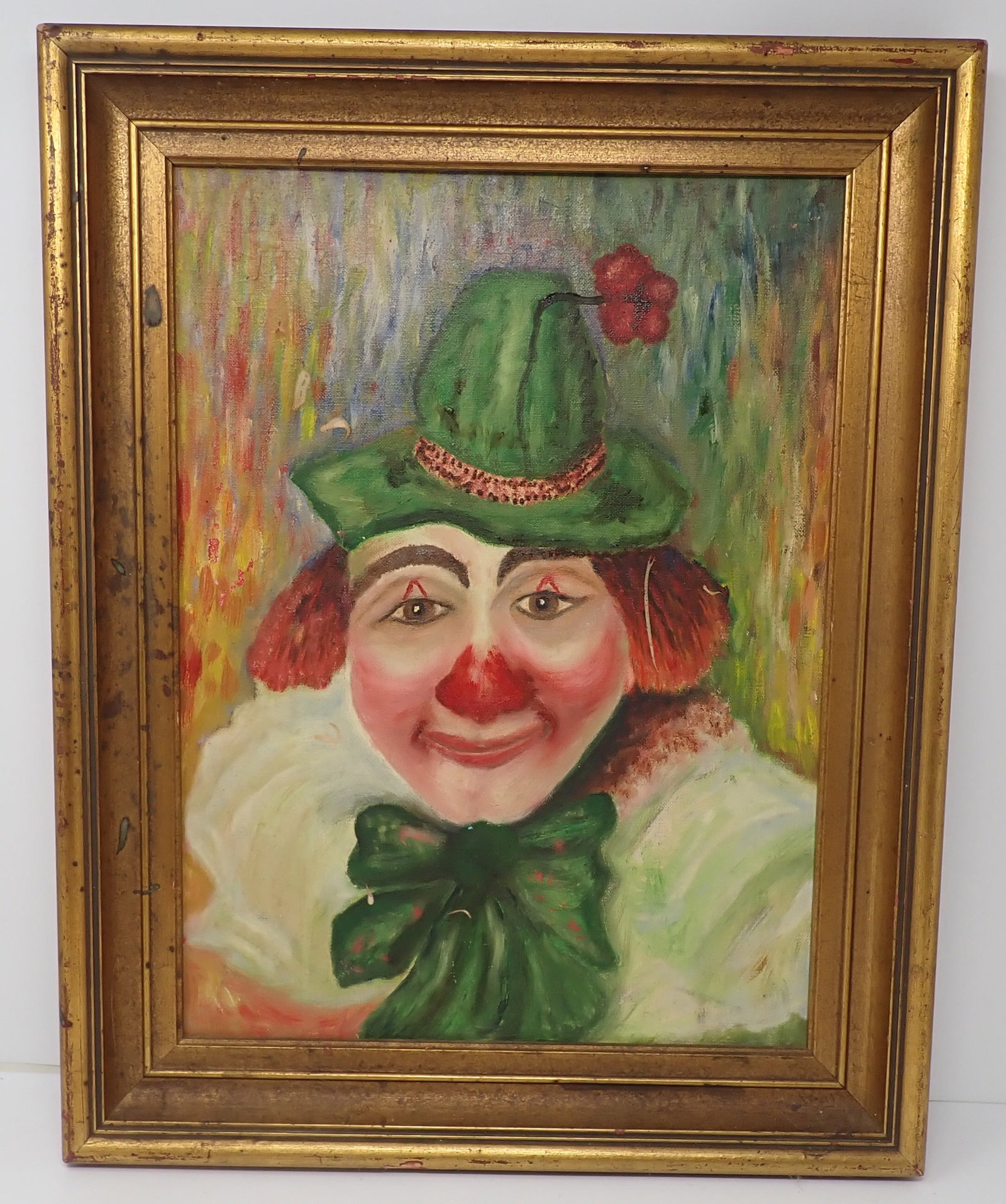Clown Oil on Board Painting: Approx 15 1/2" x 19 1/2". Shipping available ($25 handling charge, plus postage)