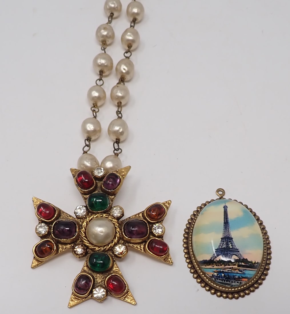 1985 Chanel Maltese Cross & Eiffel Tower Pendant: Cross is approx 2 1/4" x 2 1/4". Shipping available