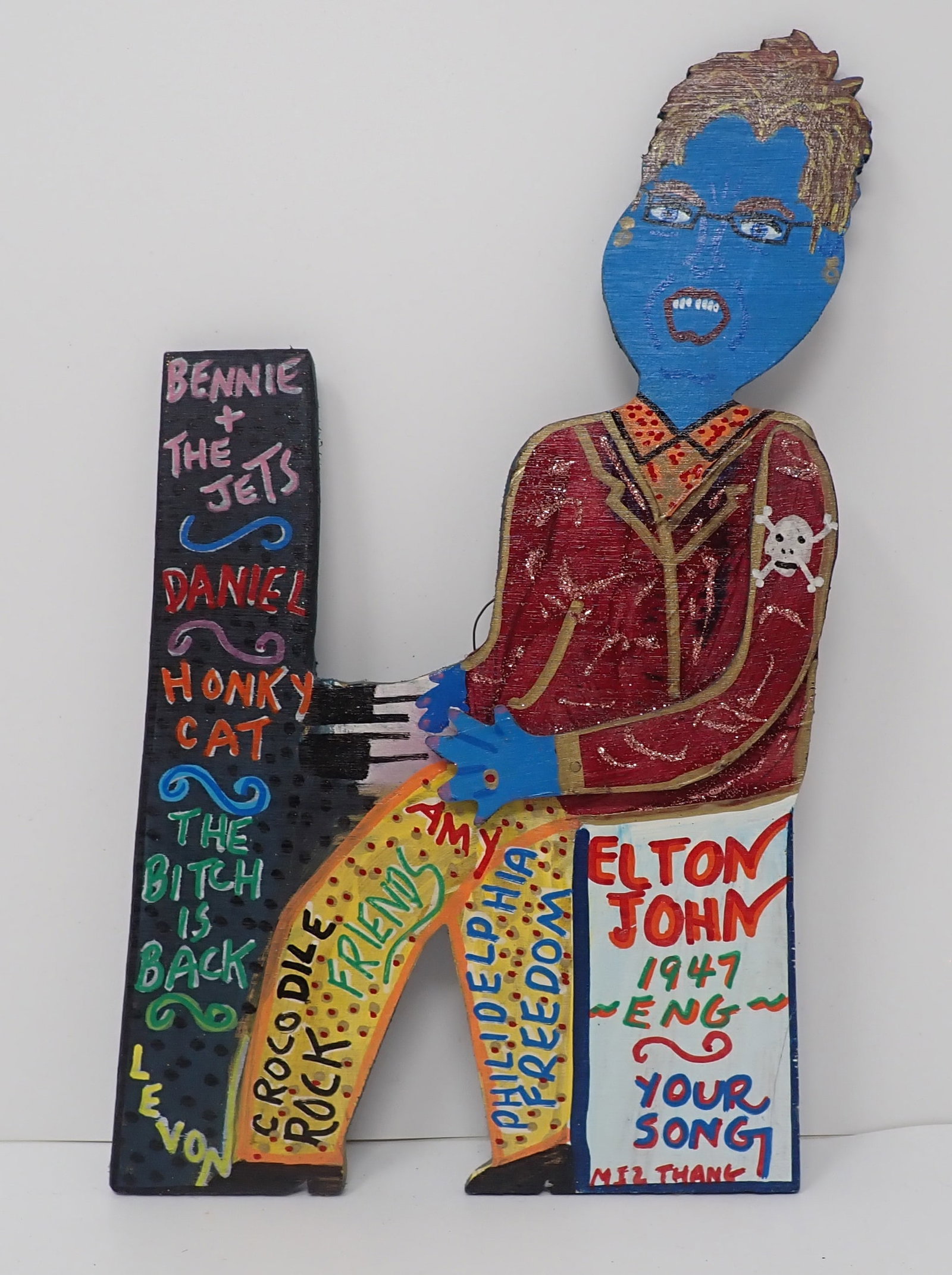 Miz Thang Elton John Outsider Art: Acrylic on board is approx 6" x 10 1/2"
