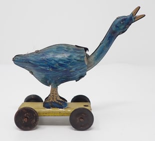 Tin Litho Bobble Head Goose Penny Pull Toy