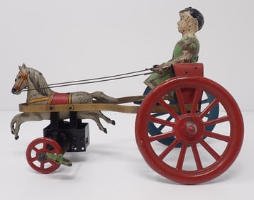 Tin Wind-Up Horse Drawn Sulky w/ Woman Rider