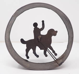 Boy on Dog Tin Hoop / Rolling Toy: Attr toy George Brown. Approx 4 1/2" in diameter. Shipping available