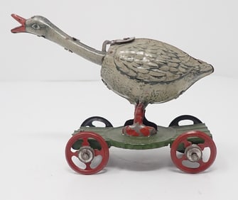 Tin Litho Bobble Head Goose Penny Pull Toy