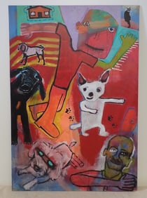 Outsider Art Oil on Board Collage Art
