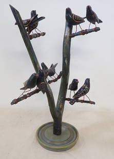 Folk Art Bird Tree: Approx 21 1/2" tall. Bird bodies, branches and base are wood. Legs and feet of birds are wire. Shipping available ($25 handling charge, plus postage).