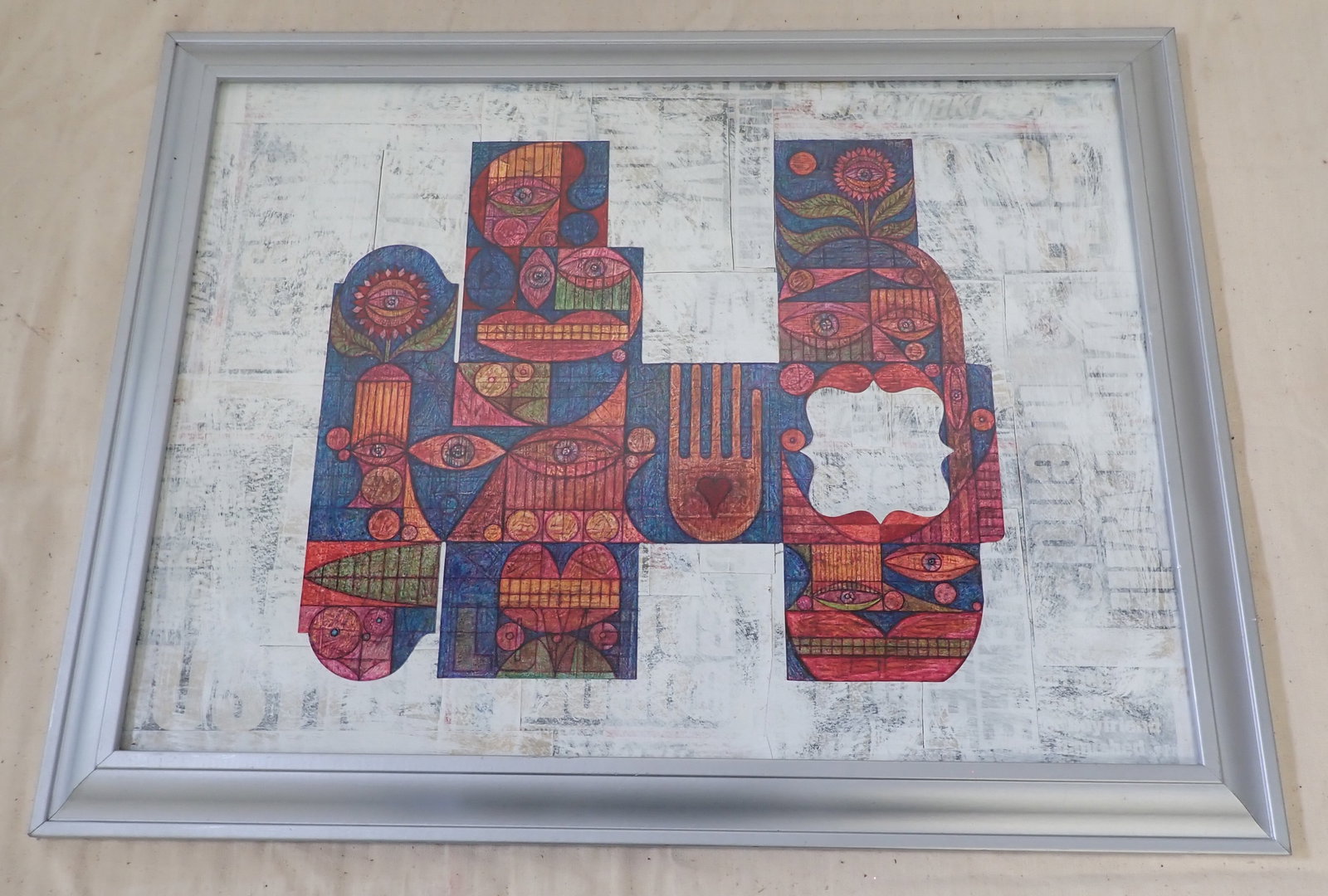 Dion Hitchings Mixed Media Outsider Art: Approx 23" x 29 1/2". Shipping available thru UPS Store 5528. Email store5528@theupsstore.com to get a quote BEFORE bidding !