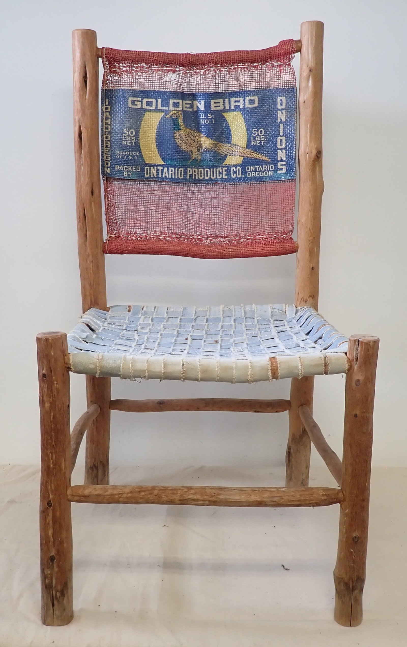 Natural Wood Chair w/ Produce Bag Backing & Denim Seat: Produce bag backrest and denim seat. Approx 21 1/2" wide, 18 1/2" to seat, 43" tall. No in house shipping !