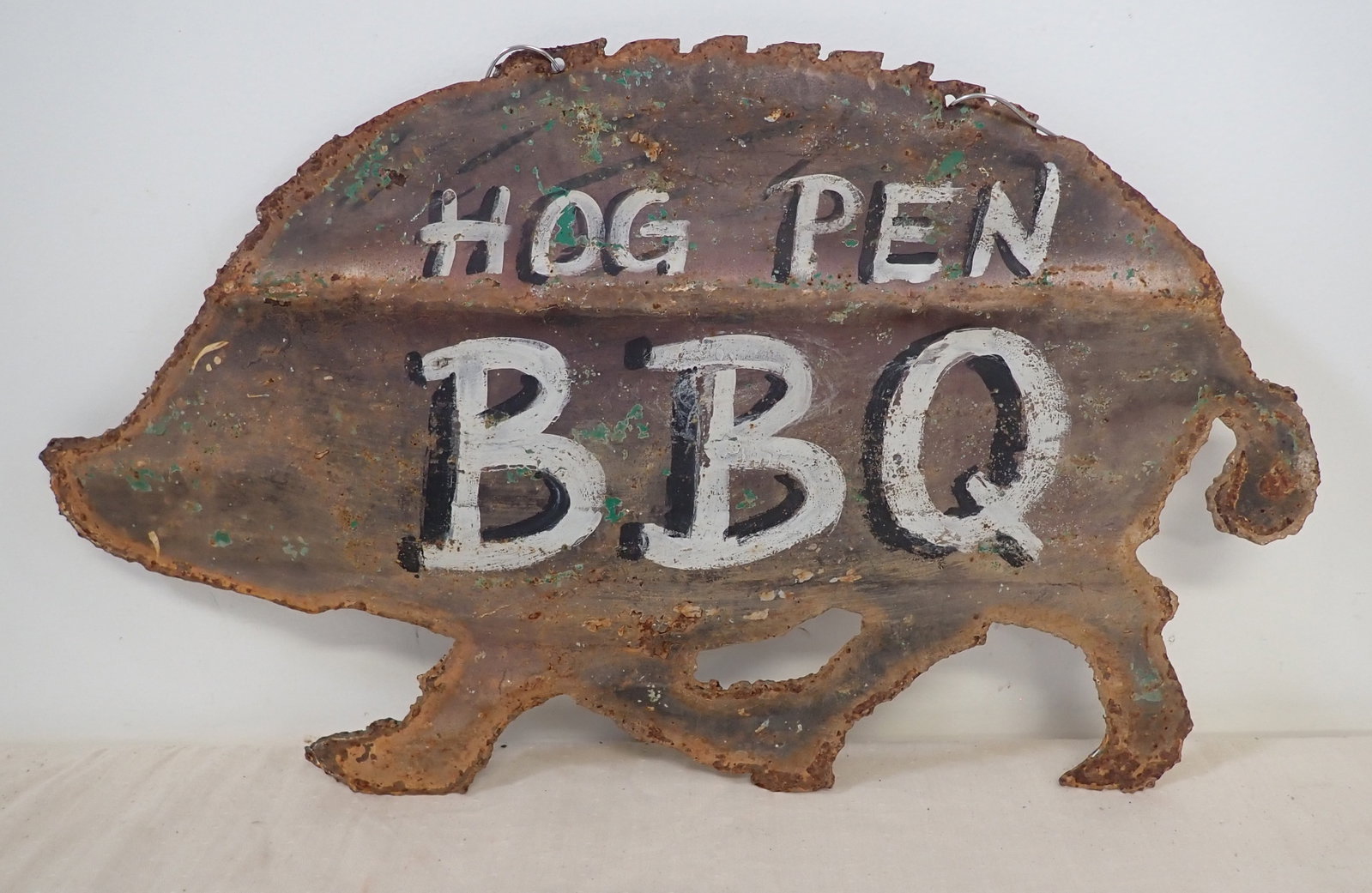 Hog Ben BBQ Double Sided Sign: Apprx 16" x 26". Made of tin / light metal. Shipping available ($20 handling charge, plus postage)