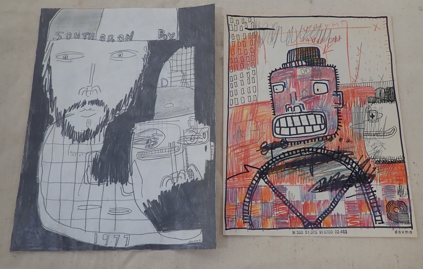 Davmo Outsider Art: Left one is pencil and approx 8 7/8" x 12". Right one is ink, pencil, and crayon. Both on paper. Shipping available