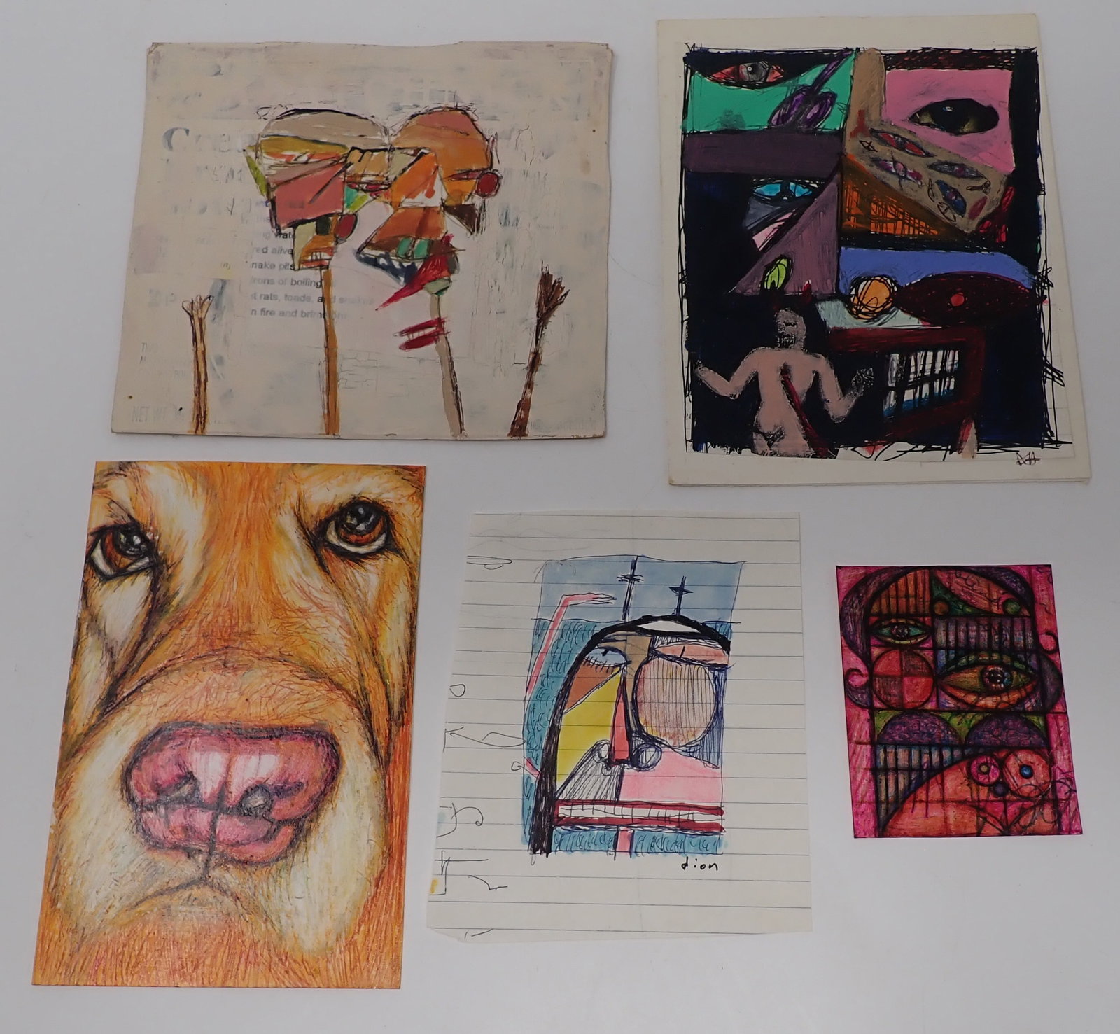 Dion Hitchings Outsider Art: 3 on paper, one on cardboard, and one on a greeting card. Two are signed and one is initialed. Largest is approx 5" x 6 1/2". Shipping available