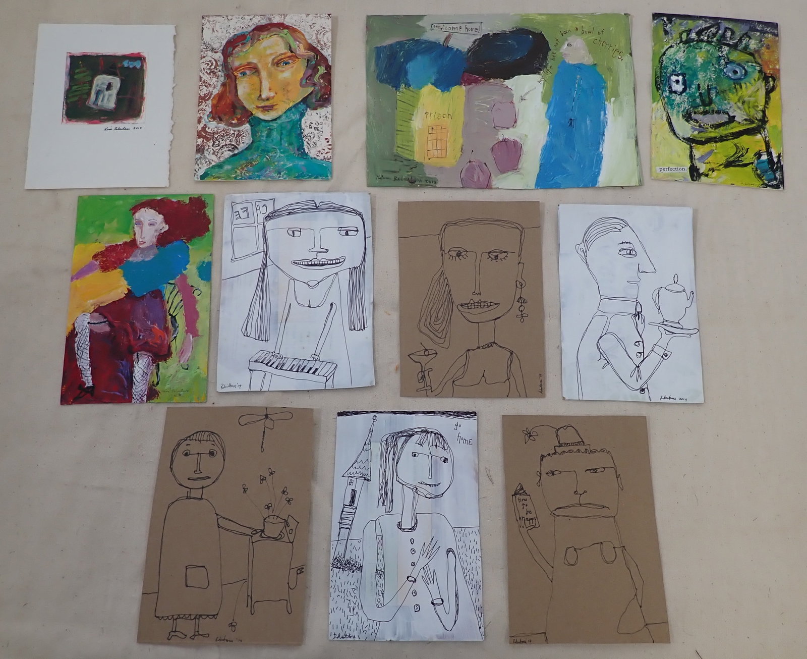 Kim Robertson Paintings & Drawings: Most have titles and information on back. All on cardboard. Largest is approx 7 1/4" x 10 1/8". Shipping available
