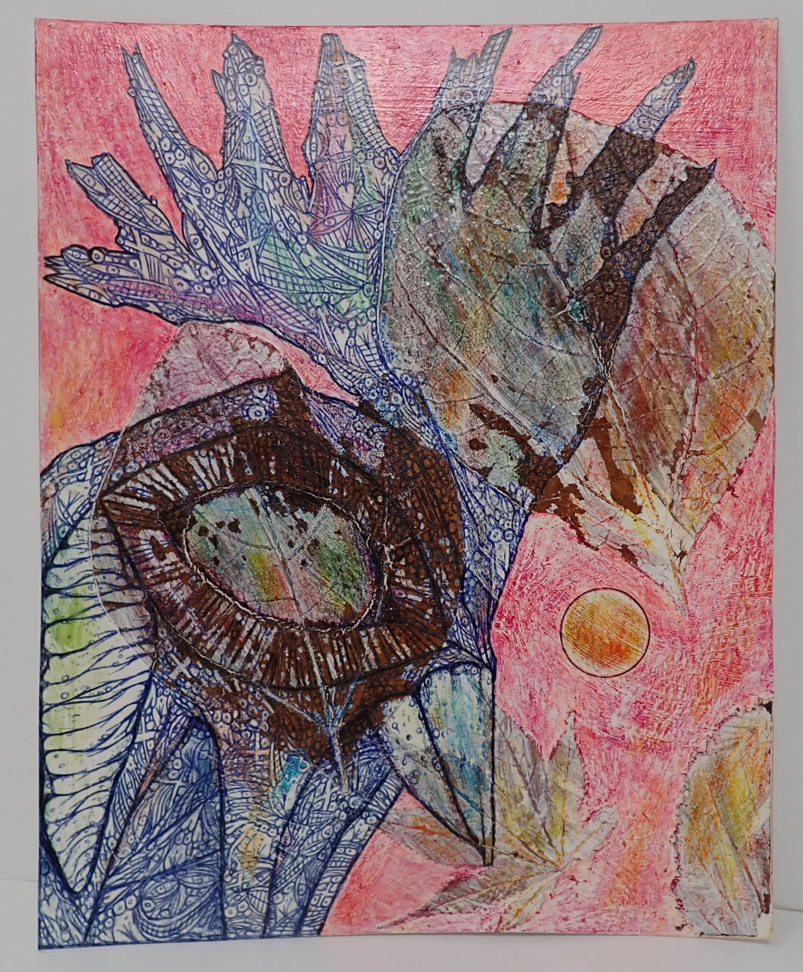 Dion Hitchings Organic Chicken Outsider Art: Mixed media w/ leaves applied to art paper. Apprx 8" x 10". Shipping available