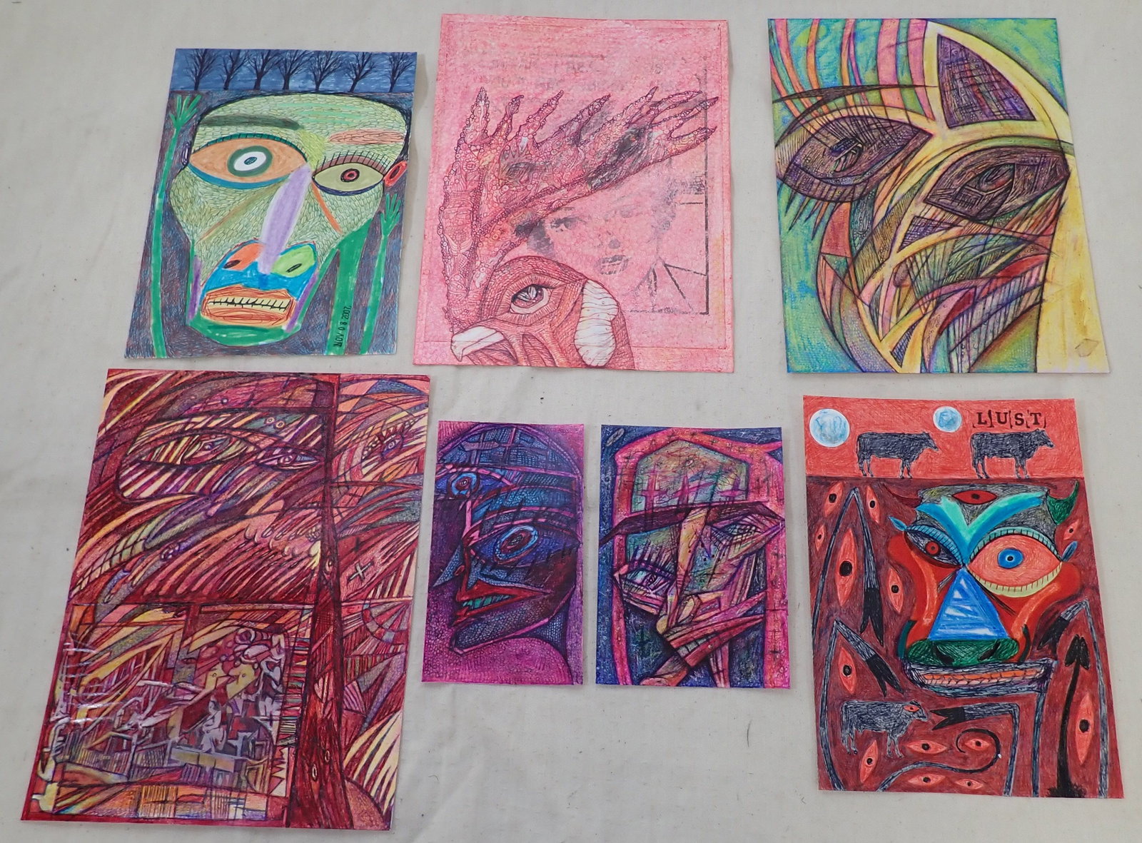 Dion Hitchings Outsider Art: Largest is approx 9" x 12". On art paper or cardboard. Shipping available