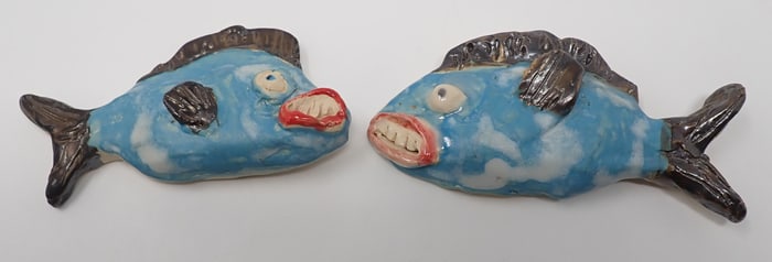 Grotesque Face Pottery Fish Signed